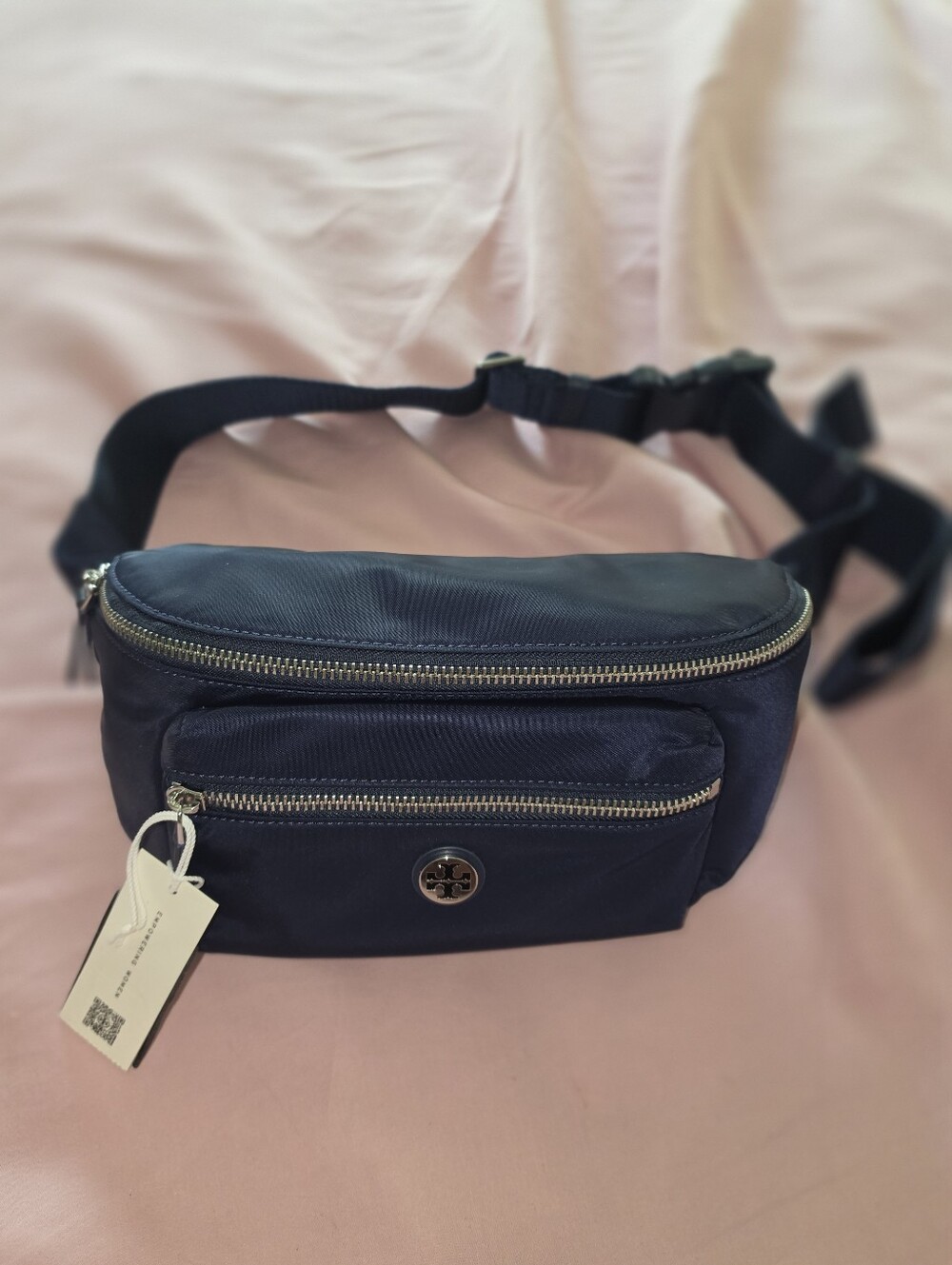 Tory Burch Navy Nylon Belt Bag with Silver Hardware